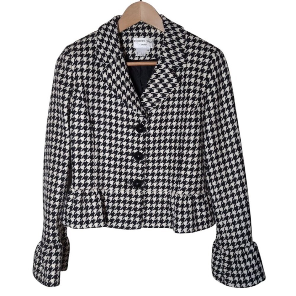 Charles Gray London Vintage Houndstooth Wool Jacket Womens Size 8 Ruffle Hem